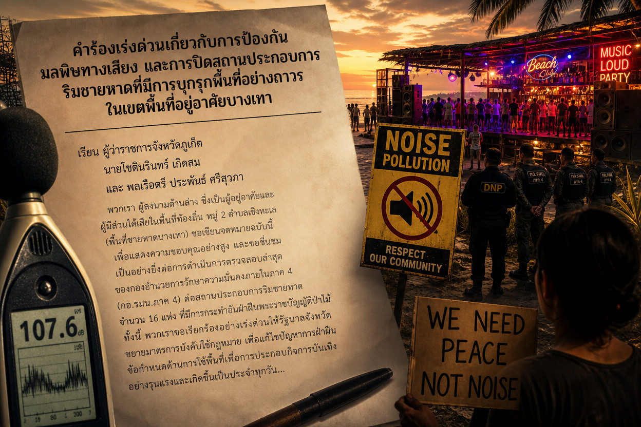 คำร้องเร่งด่วนเกี่ยวกับการป้องกันมลพิษทางเสียง และการปิดสถานประกอบการริมชายหาดที่มีการบุกรุกพื้นที่อย่างถาวรในเขตพื้นที่อยู่อาศัยบางเทา